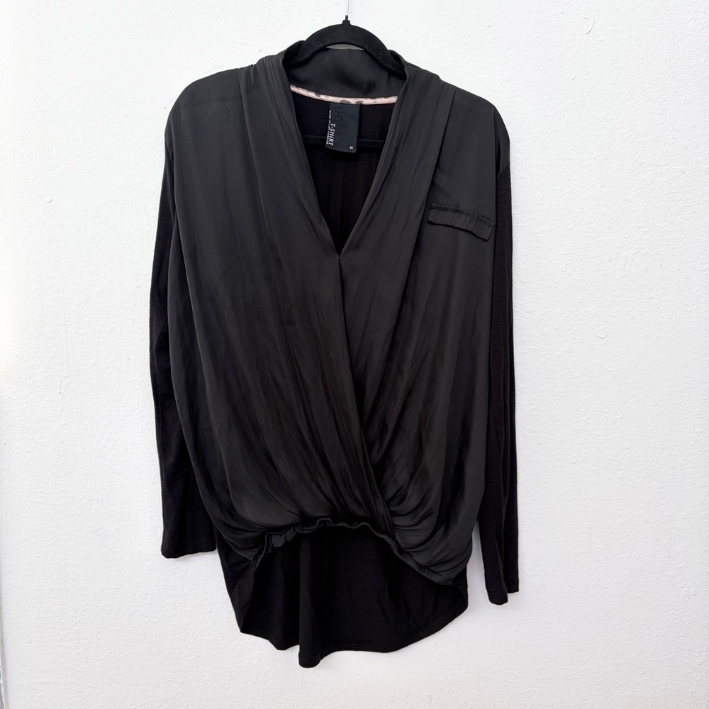 Dolan T-Shirt Black Draped Surplice Top Womens Size M Long Sleeve